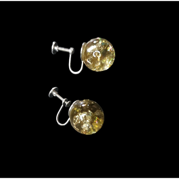 Vintage round yellow clear glass screw back earrings silver-tone - Picture 3 of 5